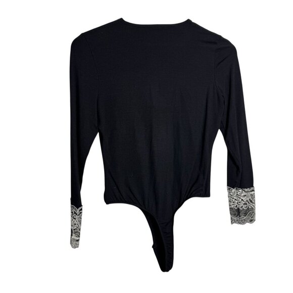 Vintage 80's CACHE Lace trim bodysuit black size small Long Sleeve Made in USA - Picture 2 of 5